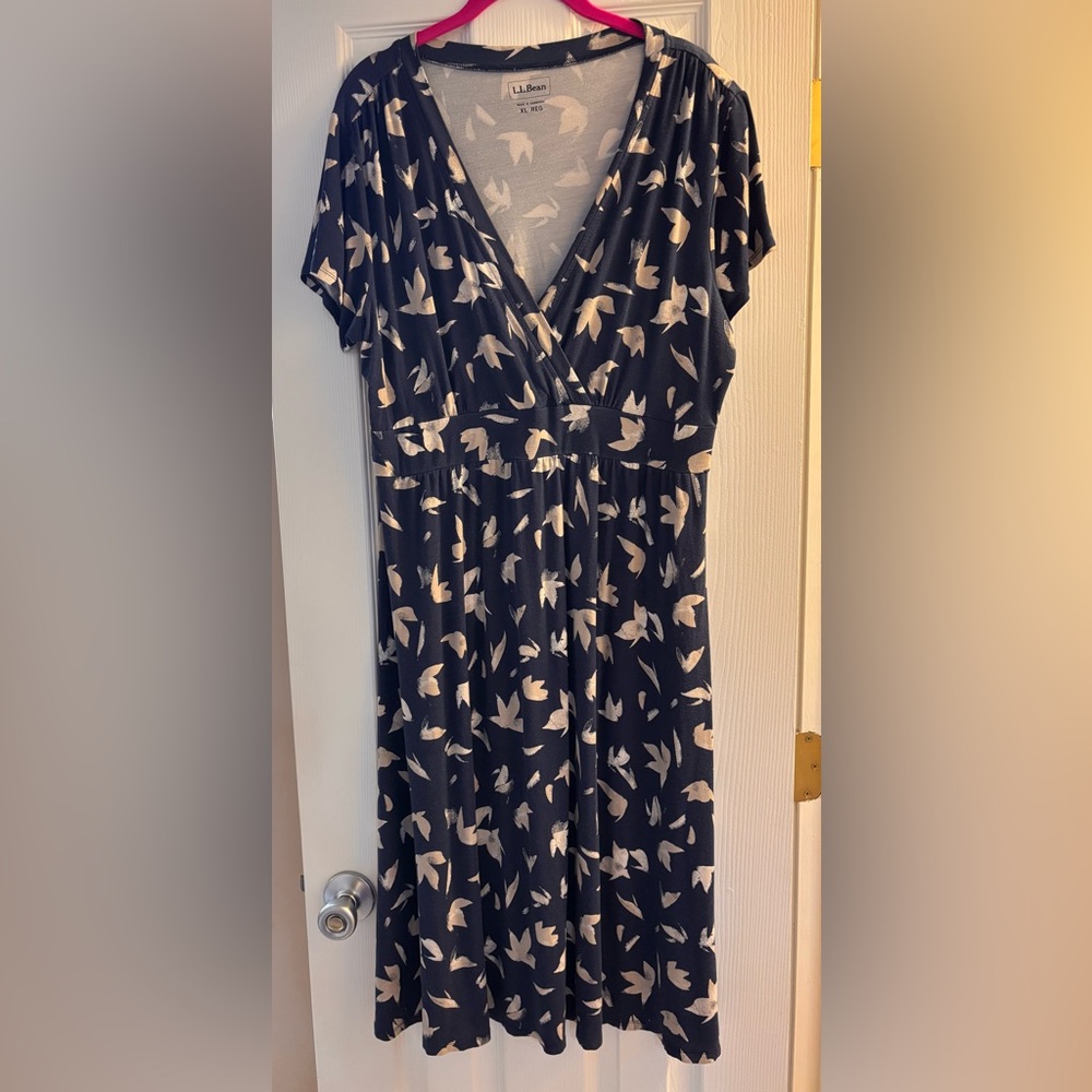 L.L. Bean Navy and White Bird Print Dress
